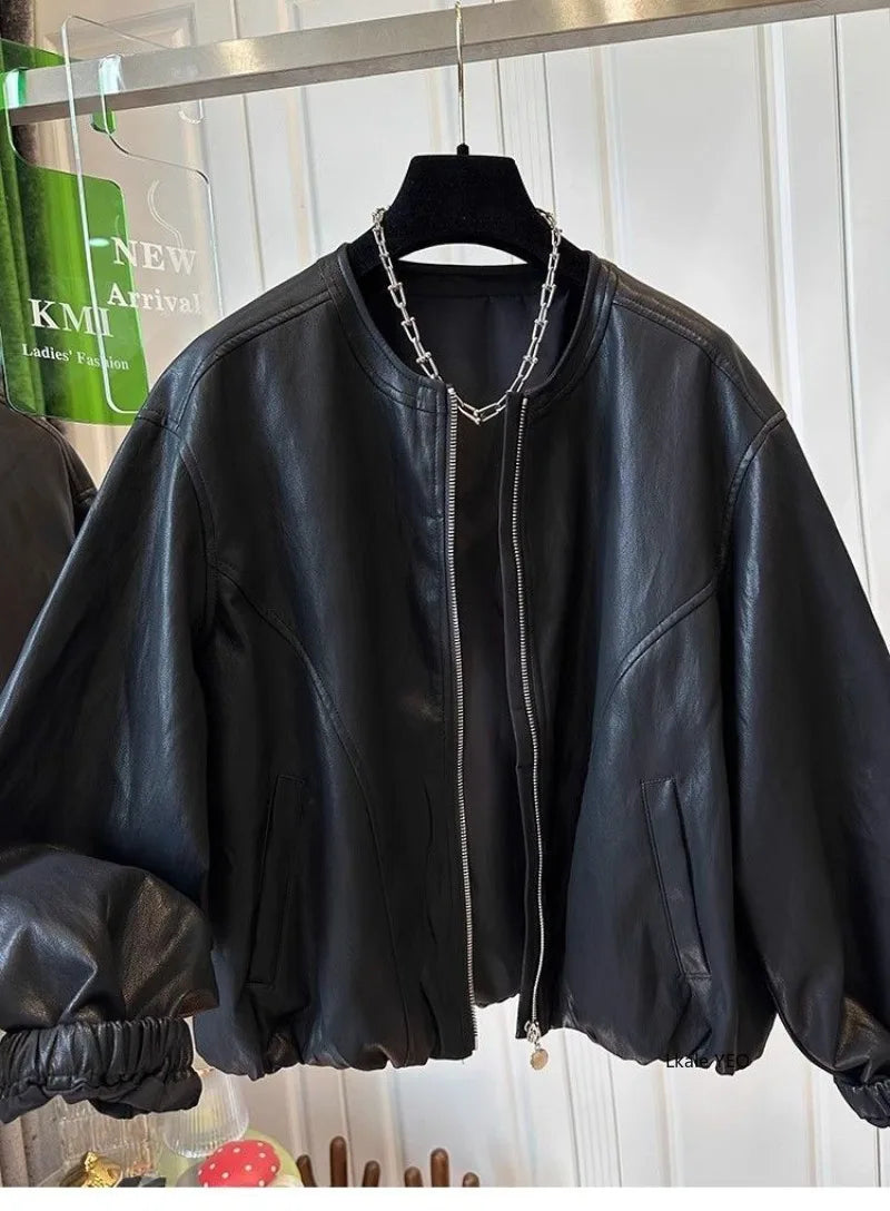 Women's Leather Coat 2026 Spring Autumn Comfortable Loose Slim Female Faux PU Outwear Round Neck Zipper Ladies Short Jacket