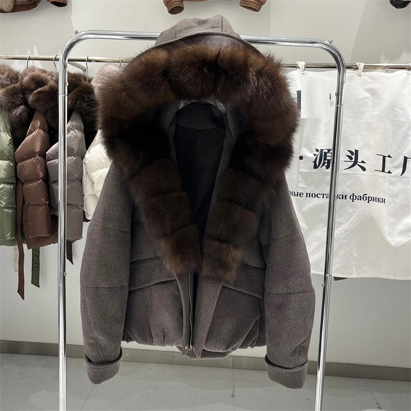 2026 Winter New Luxury Wool Down Jacket with Detachable Fox Fur Collar, High-Quality Short Thickened Warm and Stylish Outerwear