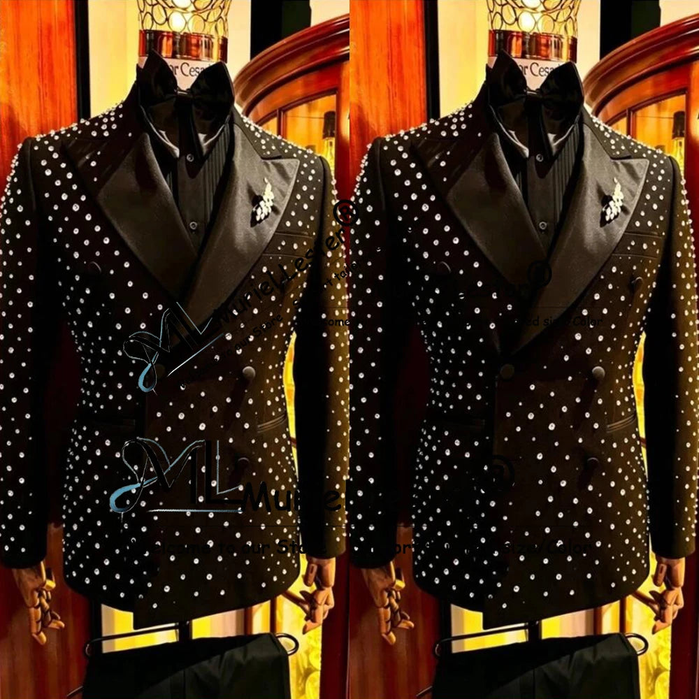 Luxury Crystal Rhinestone Men Suit For Wedding 2 Pieces Sets Double Breasted Jacket Pants 2 Pieces Sets Groom Tuxedo Ropa Hombre