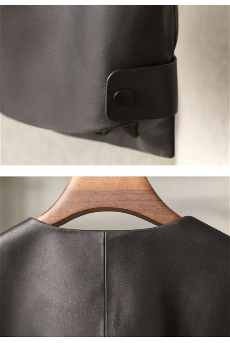 Orange Black Leather Jacket Spring Autumn Coat 2026 New Women's Leather Coat Round Neck Lantern Sleeves PU Leather Outerwear
