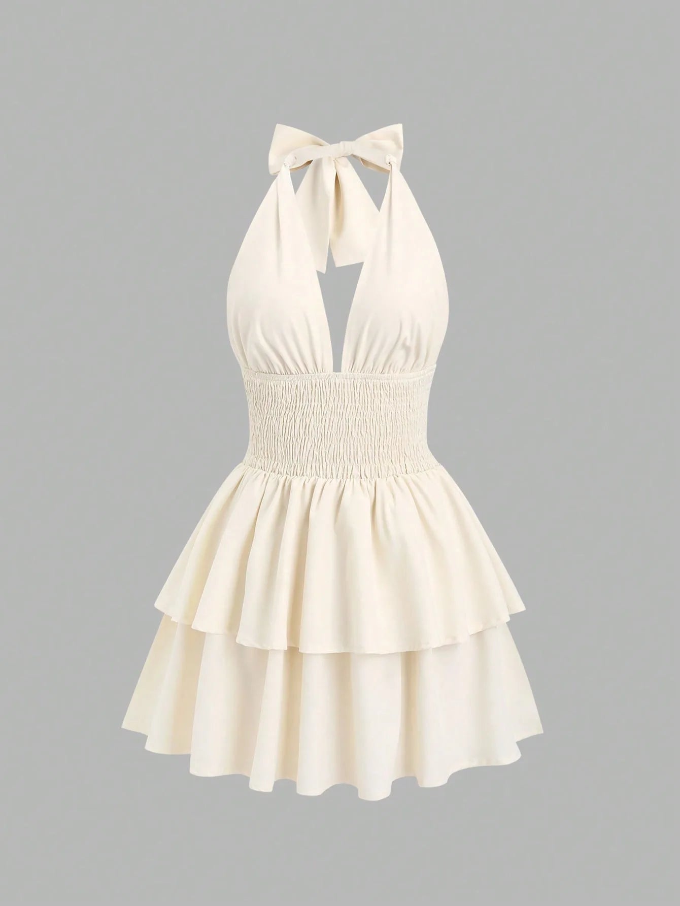 Elegant Halter Neck Mini Dress Women Sexy Deep V Neck Backless Short Dress Summer Ruched Ruffle Tiered Party Robe