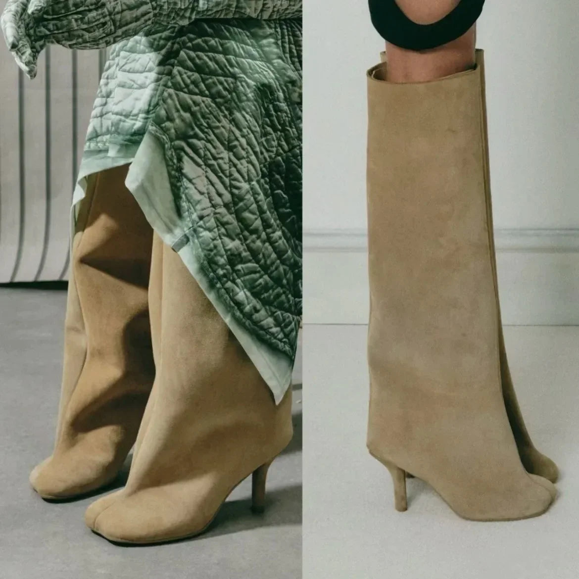 2025Women's Autumn and Winter New Slim Fit High Heels Knee High Boots Fashionable Plus Size Medium Long Boots Knight Boots