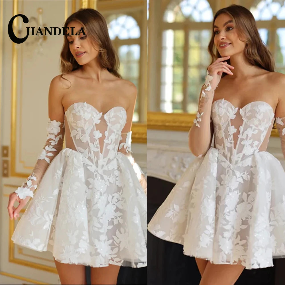 CHANDELA Lace Appliques Mini Corset Wedding Dress Cut-out Detachable Sleeves vestidos de noiva After Party A-line Customised