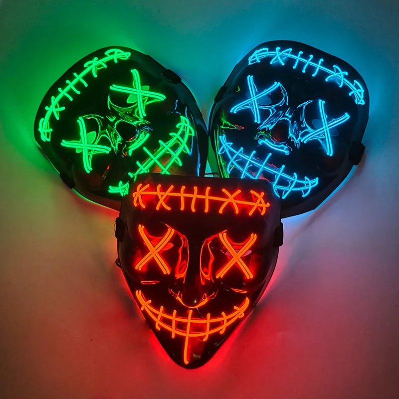 Wireless LED Neon Purge Mask & Fiber Optic Gloves, Scary Glow In Dark Mask for Halloween Carnival Cosplay Bar Birthday Party