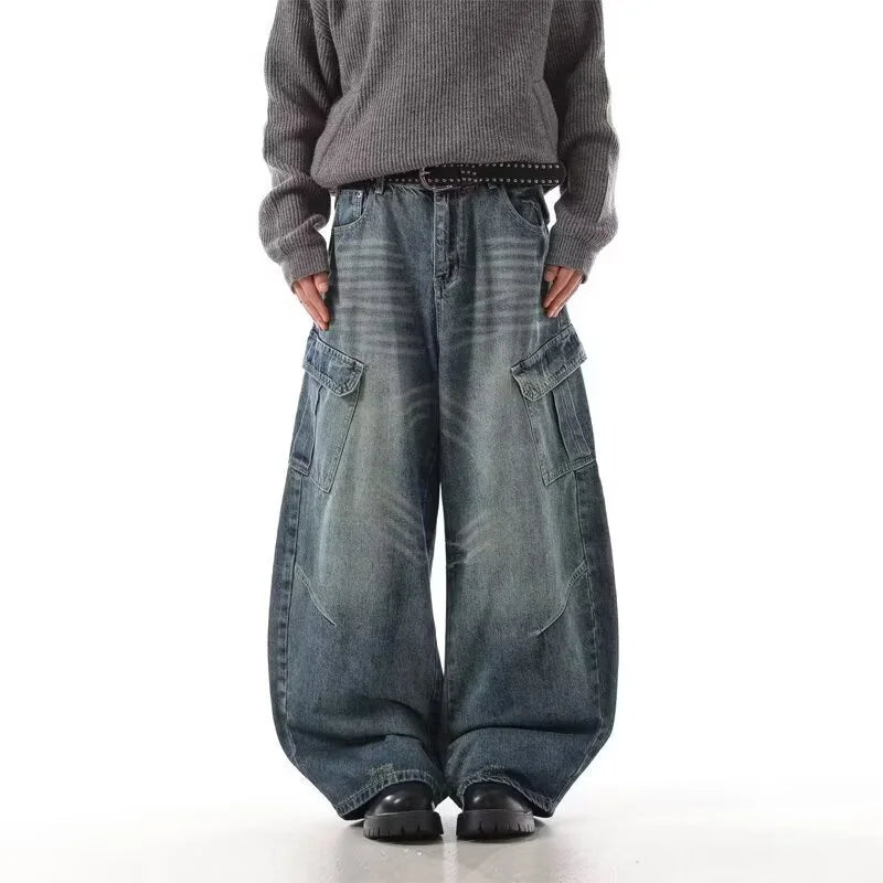 Autumn Men's Hip Hop Fashion Pockets Baggy Jeans High Street Vintage Straight-Leg Denim Pantalones Harajuku Y2K Blue Cargo Jean