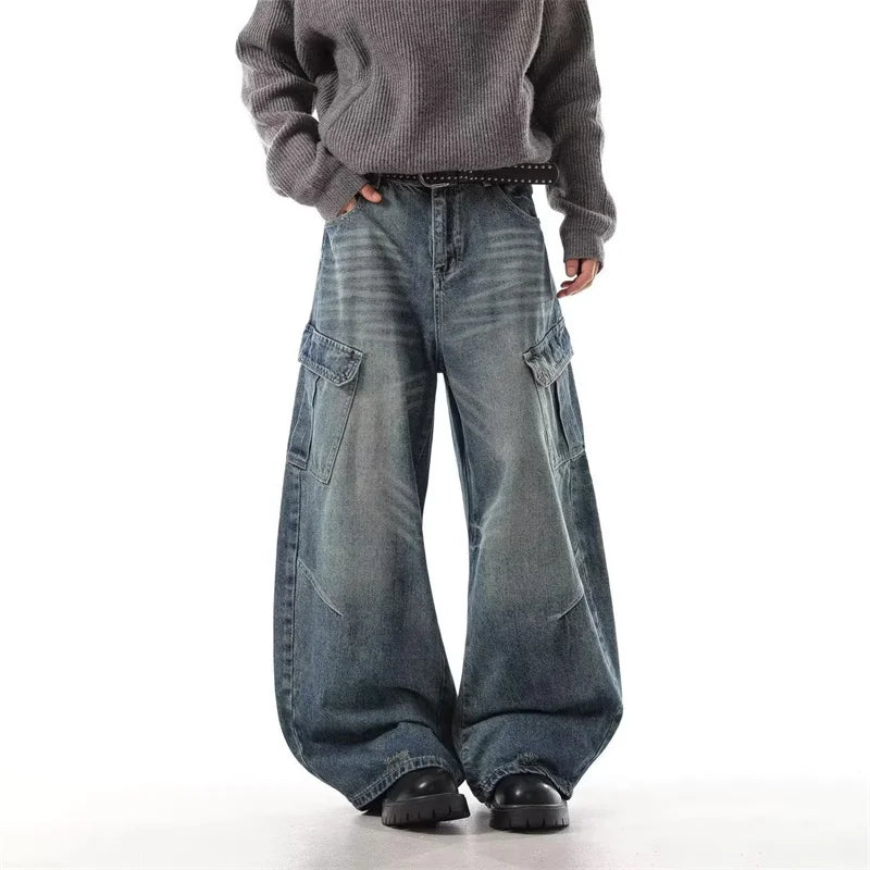 Autumn Men's Hip Hop Fashion Pockets Baggy Jeans High Street Vintage Straight-Leg Denim Pantalones Harajuku Y2K Blue Cargo Jean