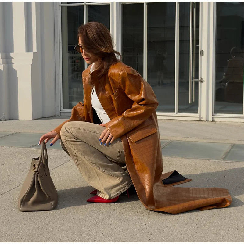 Crocodile Print Faux Leather Long Women 's Winter Coats Stand Collar Single‑Breasted PU Leather Maxi Coat Streetwear Fall Winter