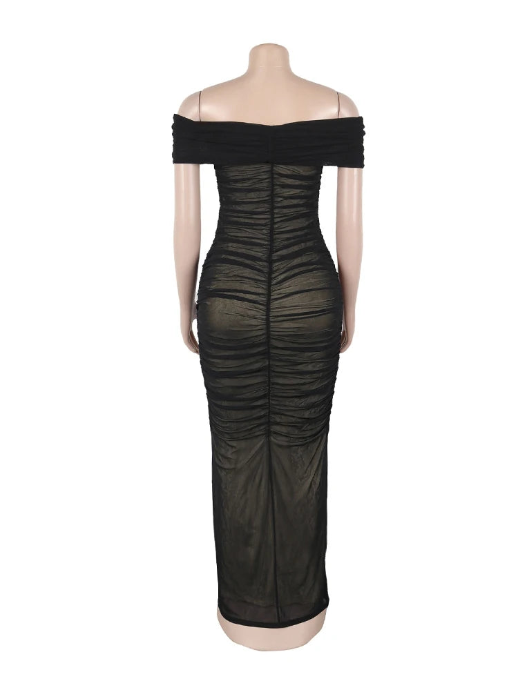 Off The Shoulder Dresses for Woman Transparent Mesh Long Summer Dress Sexy Draped Skinny Dress Evening Wholesale Dropshipping