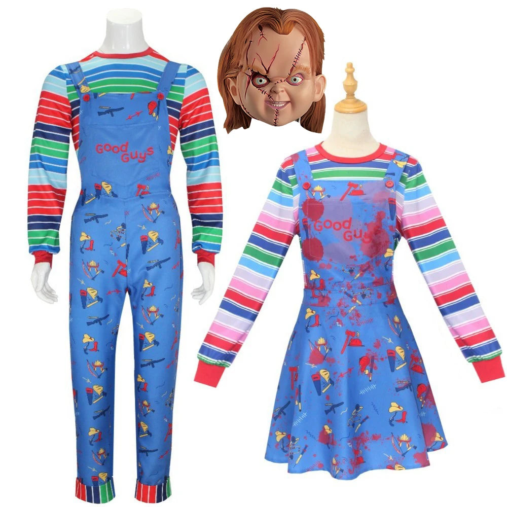 Anime Scary Chucky Cosplay Costume Horror Chucky Cosplay Mask Jumpsuits Halloween Clothing For Kids Men Women Party Costumes