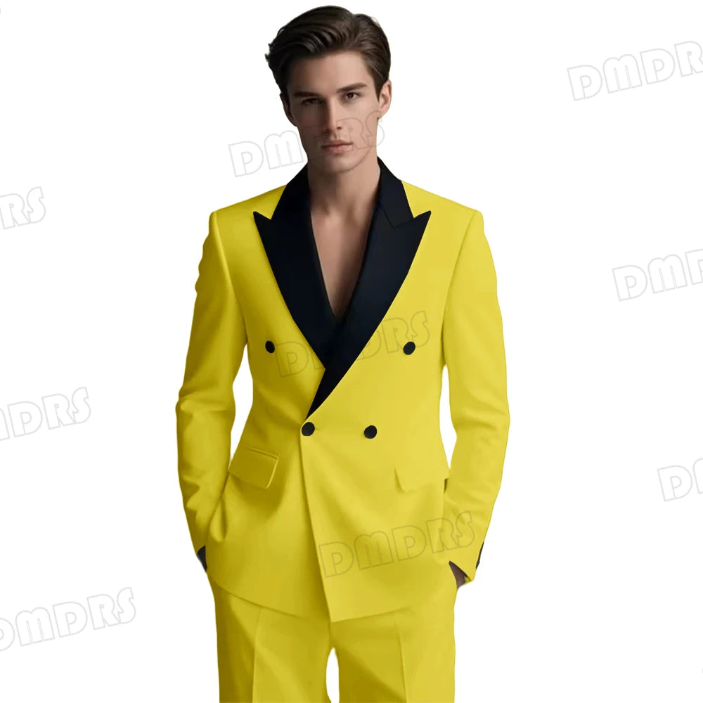 Slim Fitting White Suit Set for Men, Black Collar, 2 Pieces Formal Suits, Wedding Tuxedo, Customized Colors Blazer and Pant Set