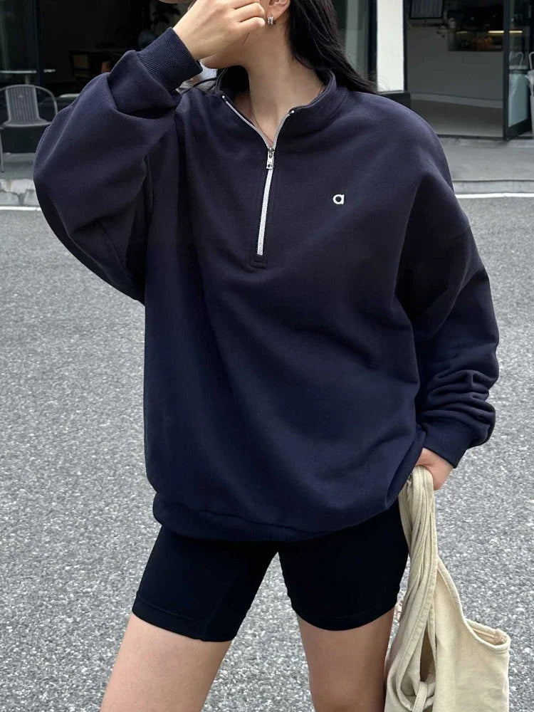 Autumn Sports Fitness Hoodies Women Loose Stand Up Collar Pullover Casual Fashion Long-sleeved Gray Zip Women's Sweatshirt Black