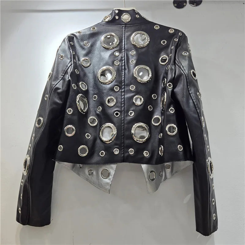 DEAT 2026 Autumn High Street Style Hollow Out Ring Short PU Leather Jacket For Women Stand-up Collar Long Sleeve Coats 29A9499