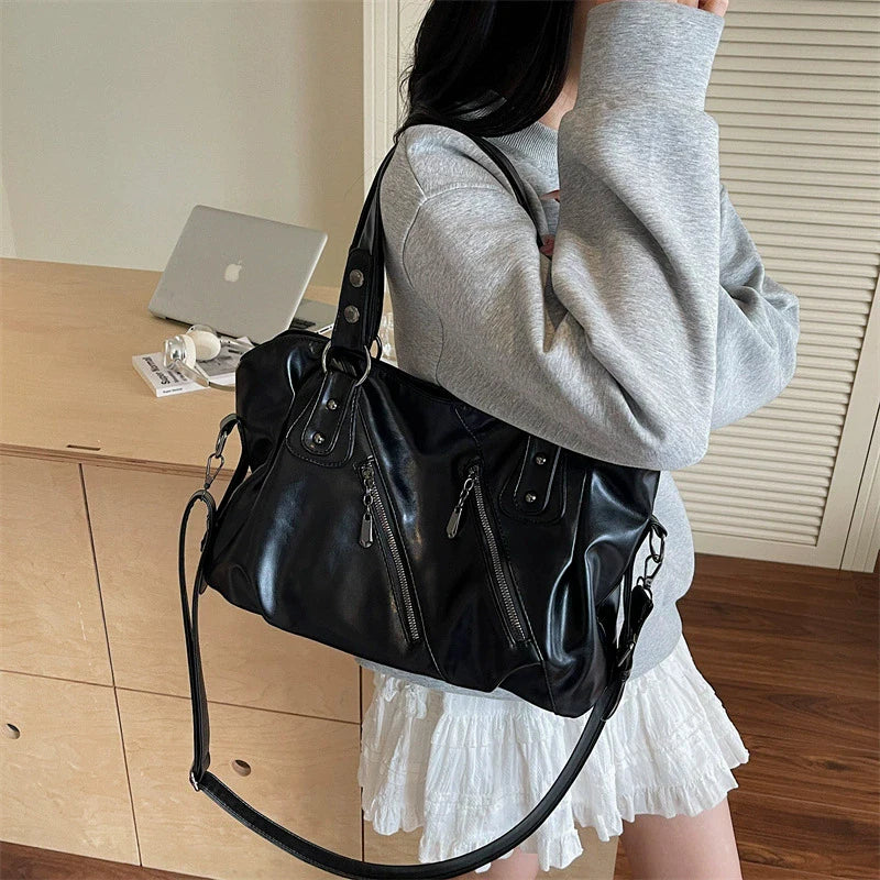 Retro Brand Roomy Shoulder Bag Female Luxury Solid Color Classic Crossbody Bag Large Capacity Style Soft PU Leather Tote Bag