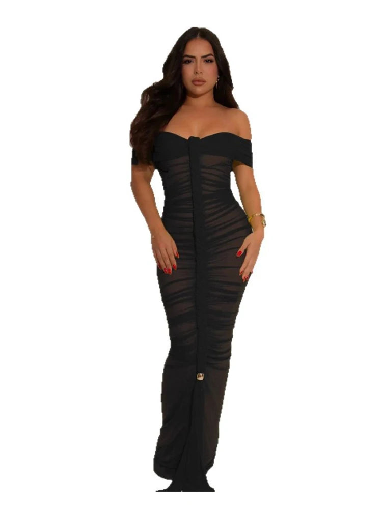 Off The Shoulder Dresses for Woman Transparent Mesh Long Summer Dress Sexy Draped Skinny Dress Evening Wholesale Dropshipping