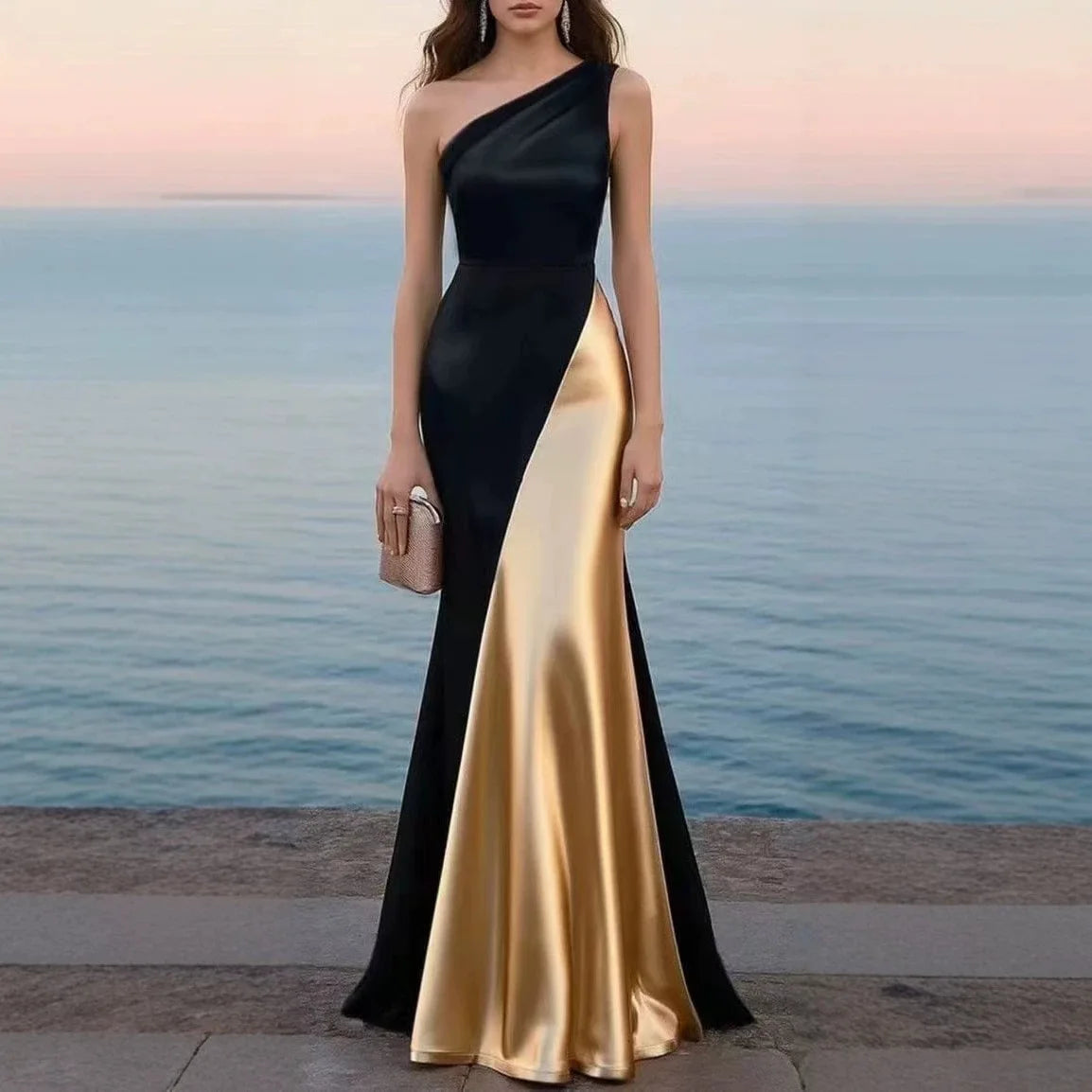 Women Luxury Satin One Shoulder Long Dress Black Red Patchwork Bodycon Mermaid Gown for Birthday Cocktail Wedding Guest Evening