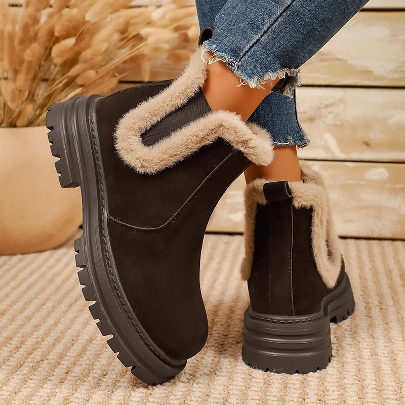 Thick Sole Fur Winter Ankle Boots Women 2026 Slip On Non Slip Plush Short Booties Mujer Plus Size 43 Platform Suede Boots Female