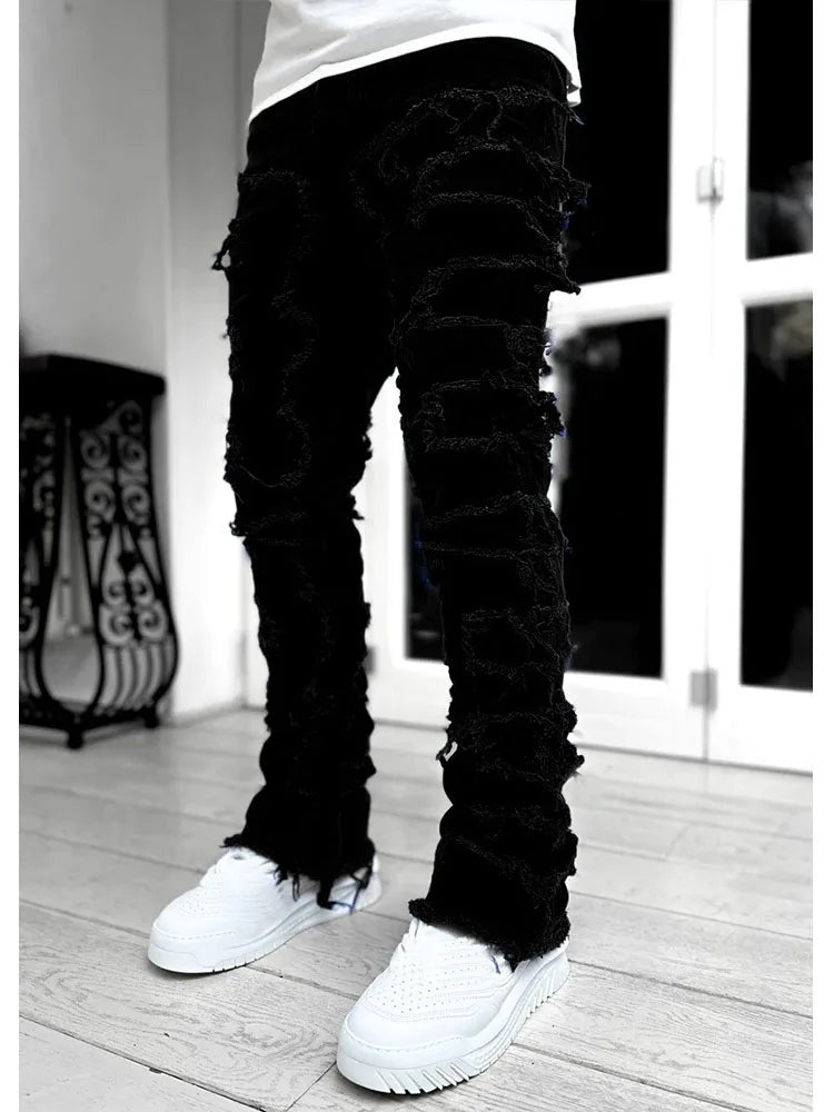 Men's Casual Distressed Jeans Tassels Patchwork Design Slim Fit Solid Color Stretch Denim Pants Straight Leg Streetwear Trousers