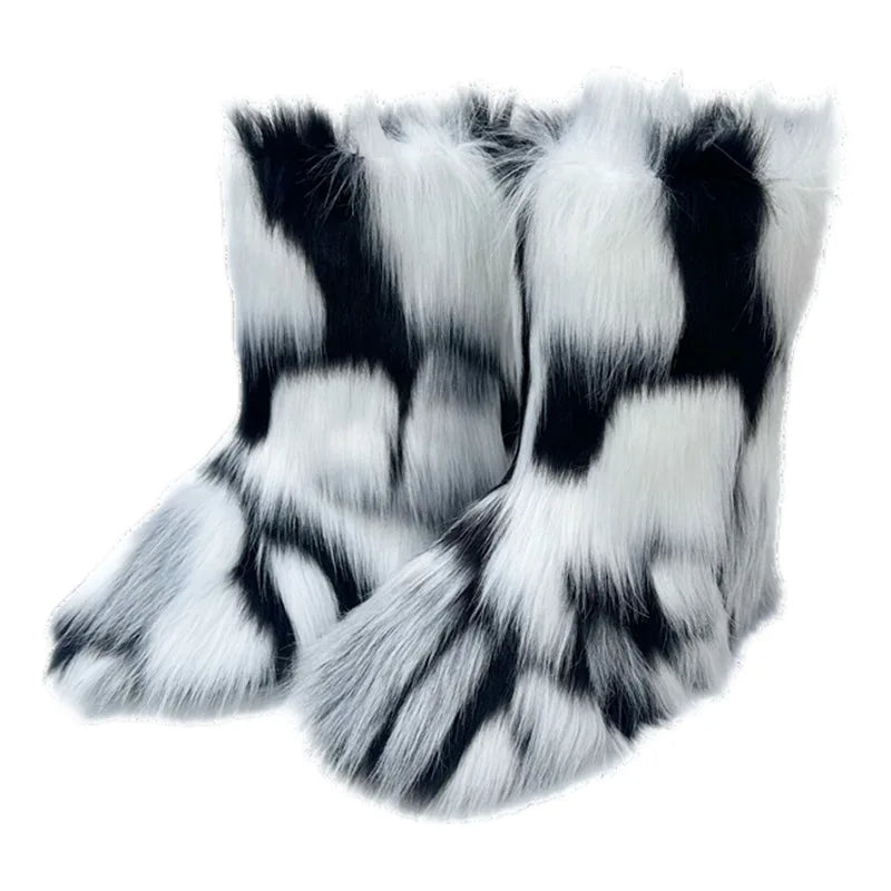 Cute High Quality Faux Raccoon Fox Fur Shibuya Gal Thickened Plus Size Mid-Calf Faux Fur Warm Winter Snow Boots for Women