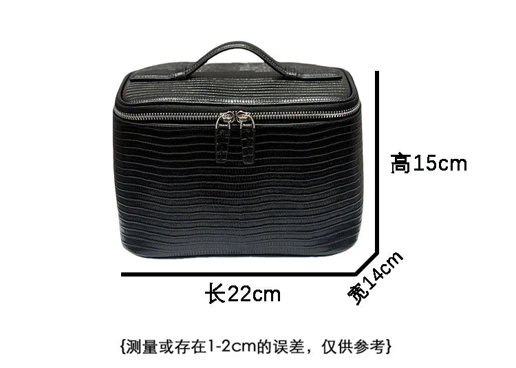 Firstgrain Cowhide Himalayan Crocodile Pattern Vanity Case Genuine Leather Square Portable Large-Capacity Hand-Held Cosmetic Bag
