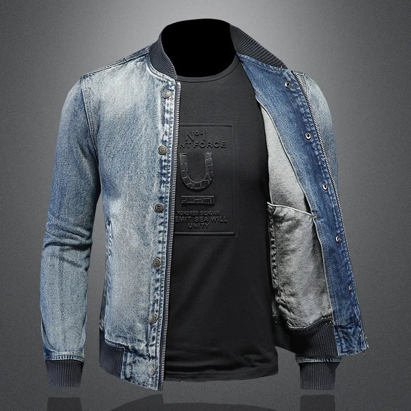 Mens Denim Bomber Jacket Slim Fit Vintage Moto Biker Short Cargo Coat Male Long Sleeve High Street Stand Collar Pilot Jackets