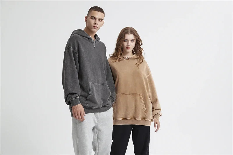 2024 Autumn Winter Men 420gsm Hoodies Streetwears High Street Heavy Weight Washed Cotton Sweatshirts Brand Tracksuit