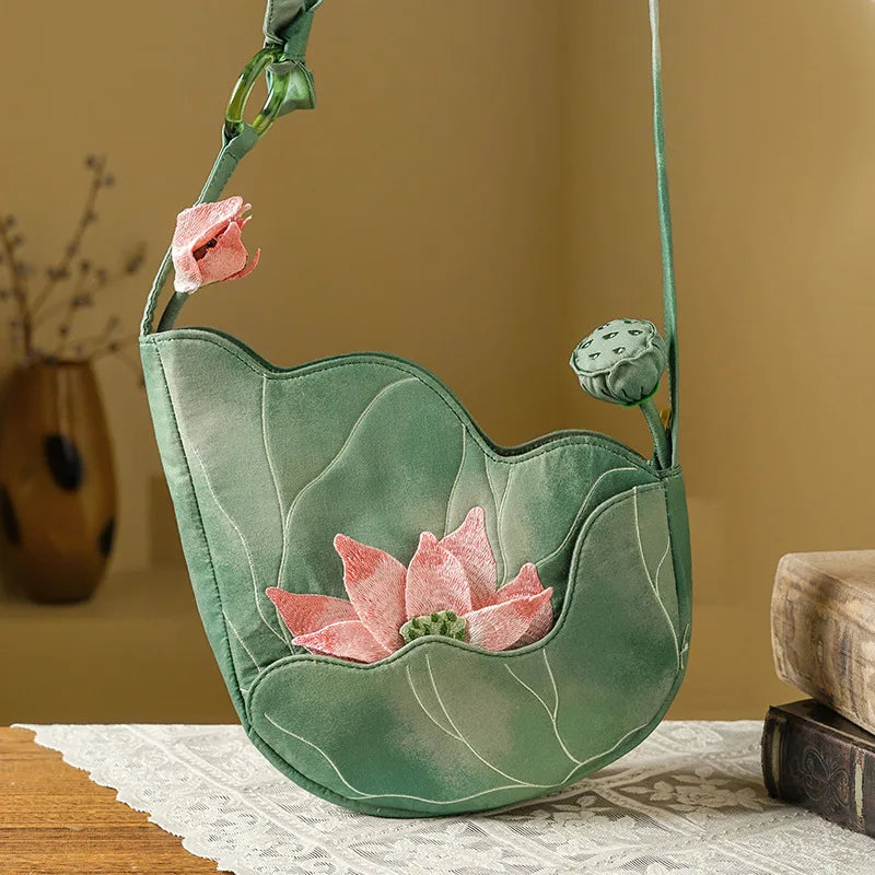 Elegant Chinese Style Lotus Leaf Floral Embroidery Shoulder Bag for Women Designer Handbag Fashionable Female Bag New Collection