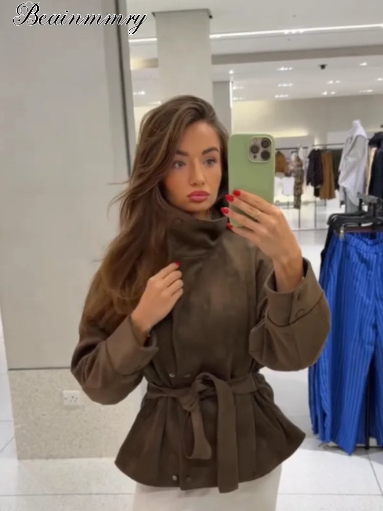 Women Brown Faux Suede Short Jacket Tie‑waist Long Sleeve Vintage Streetwear 2026 Lady New Autumn Winter Casual Outerwear Coat