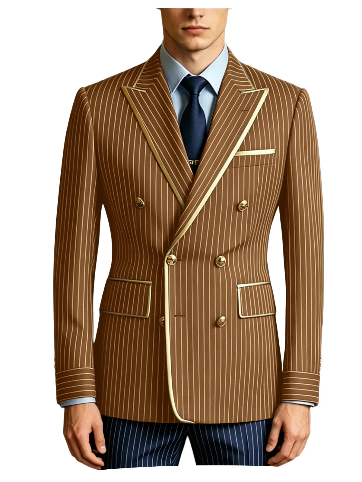 Men's Double Breasted Pinstripe Blazer Slim Fit Formal Business Suit Jacket Luxury Gold Trim  Tuxedo for Wedding Party Office