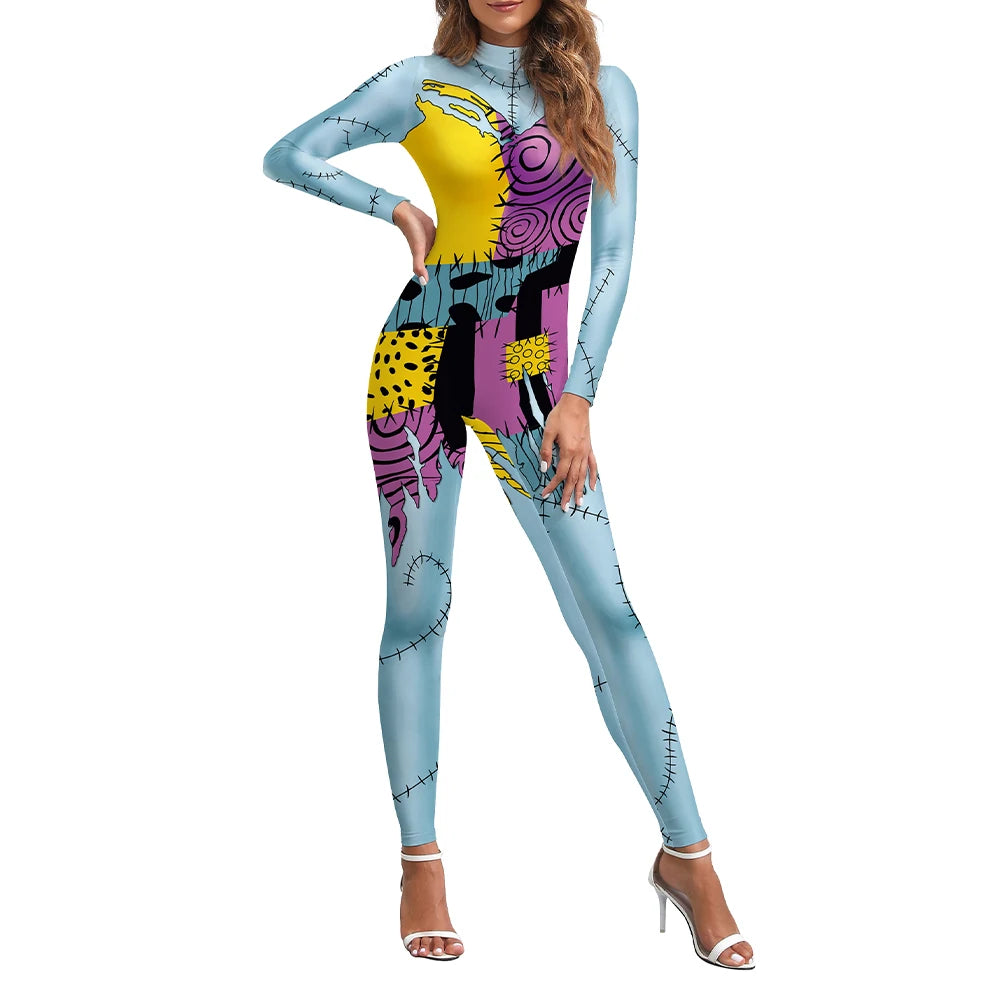 ZAWALAND Halloween Nightmare Sally Printed Cosplay Costume Girls Women Jumpsuit Christmas Cosplay Party Zenti Bodysuit Oufits