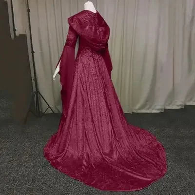 Women Deluxe Witch Dress Medieval Renaissance Maxi Train Dress Halloween Devil Pagan Witch Wedding Cos Costume Hooded Gown Robe