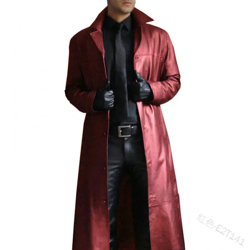 2026 New Men's Long Leather Jackets Goth Punk Button Trench Coat Solid Lapel Collar Long Pu Windbreaker Winter Leather Coats