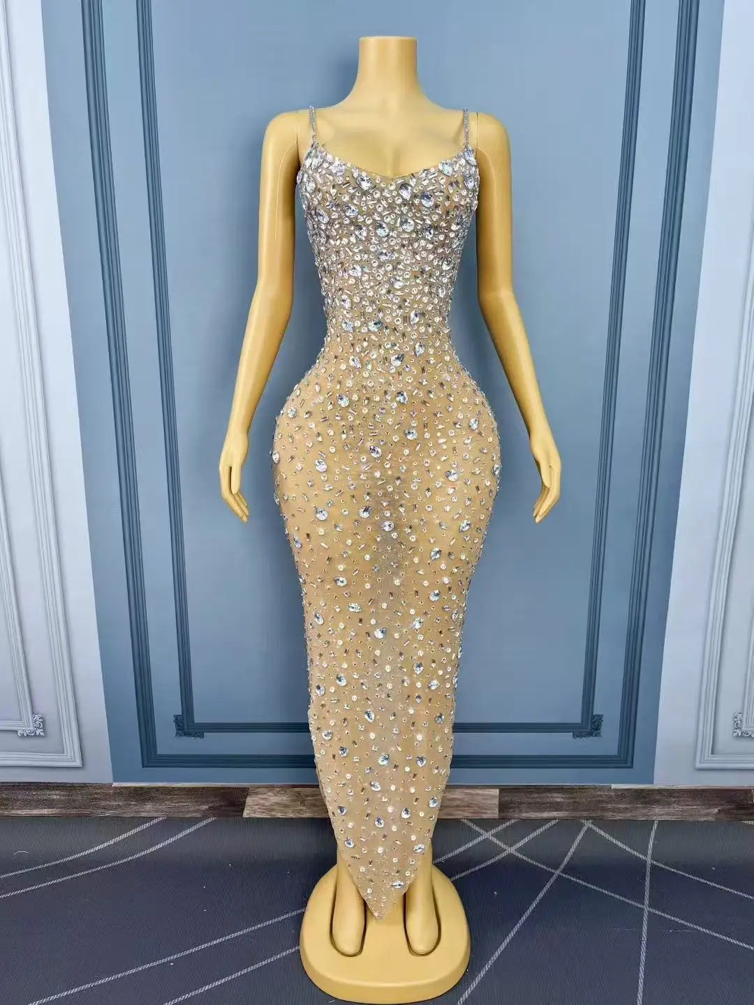 Women Birthday Evening Cocktail party Gown Red Carpet Club Stage Outfit Luxury Rhinestones Sexy Mesh See Through Bodycon Dress