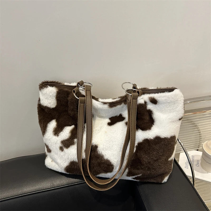 Cow Pattern Plush Shoulder Bag for Women Winter Fashion Purse Handbags Soft Warm Fur Female Casual Messenger Bags