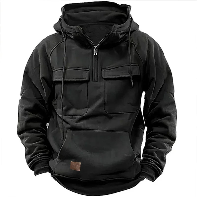 Autumn Winter Hoodies Men half-zip Patchwork Warm Fleece Sweatshirts Multi Pockets Male Fashion casual pullover Outdoor Hoodie