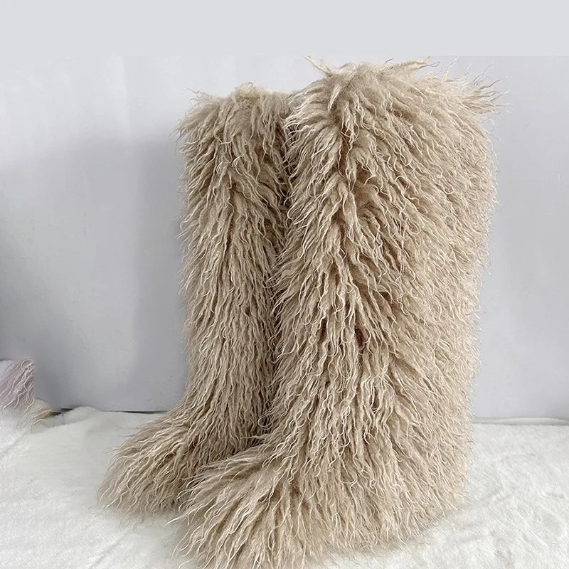 New Over The Knee Fur Boots Women Warm 72CM Long Faux Mongolian Fur Snow Boots Winter Luxury Fluffy Shoes Plush Platform Shoes
