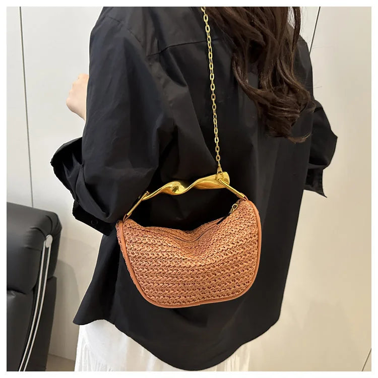 Luxury Metal Handle Clutch Bag Women Exquisite Handmade Rattan Woven crossbody Bag Half-moon Beach Bags Roomy Straw Tote Bag