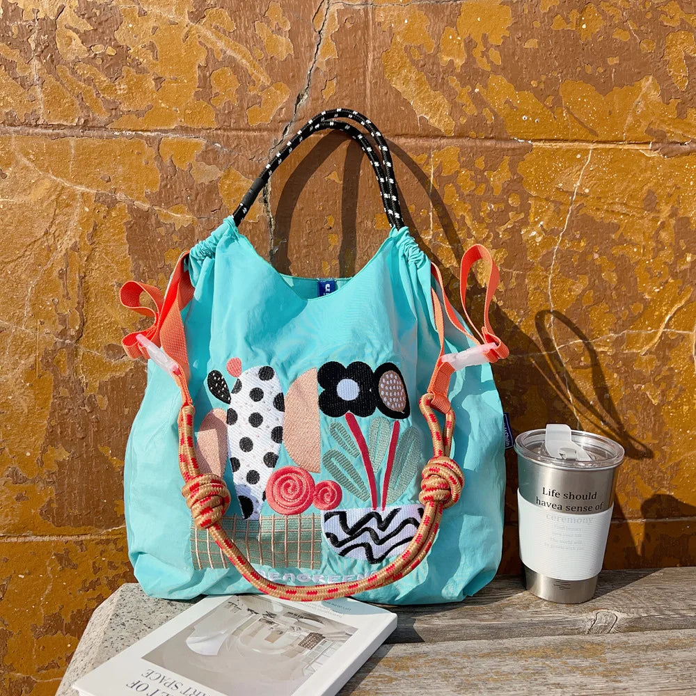 Large Medium Embroidered Shopping Bag, Casual Handheld Simple Large Capacity Shoulder Bag Shoulder Straps Included
