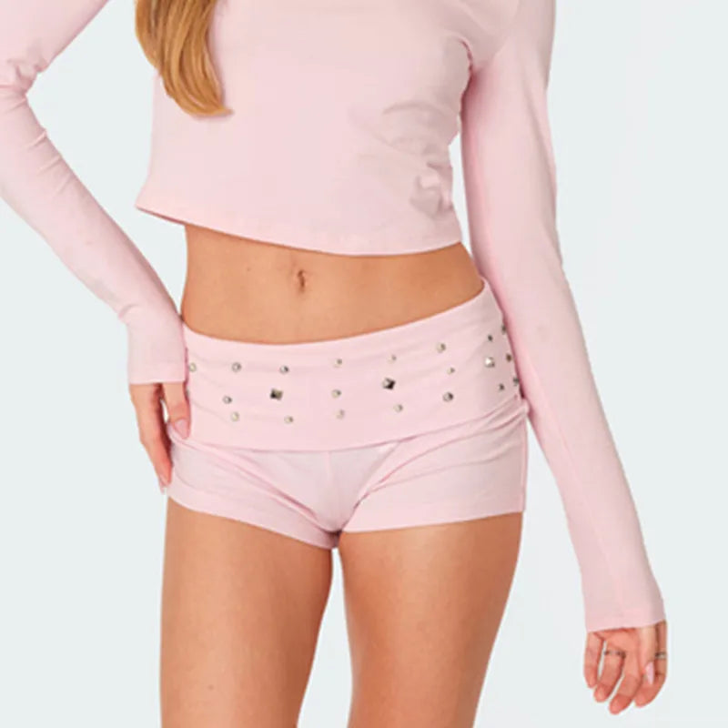 Women Y2K Studded Foldover Vintage Low Waist Slim Summer Boxer Low Waist Slim Fit Micro Shorts Party Clubwear Skinny Bottoms
