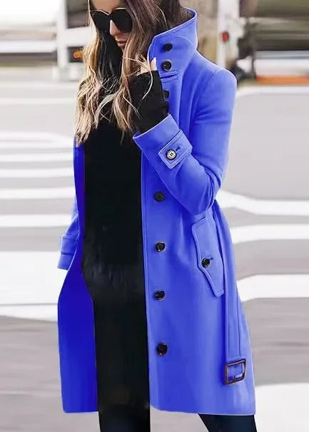 Women Autumn Winter  Wool Coat Blends Overcoat Solid Color Button Turtleneck Long Sleeve Casual Fashion  Winter Coat Regular