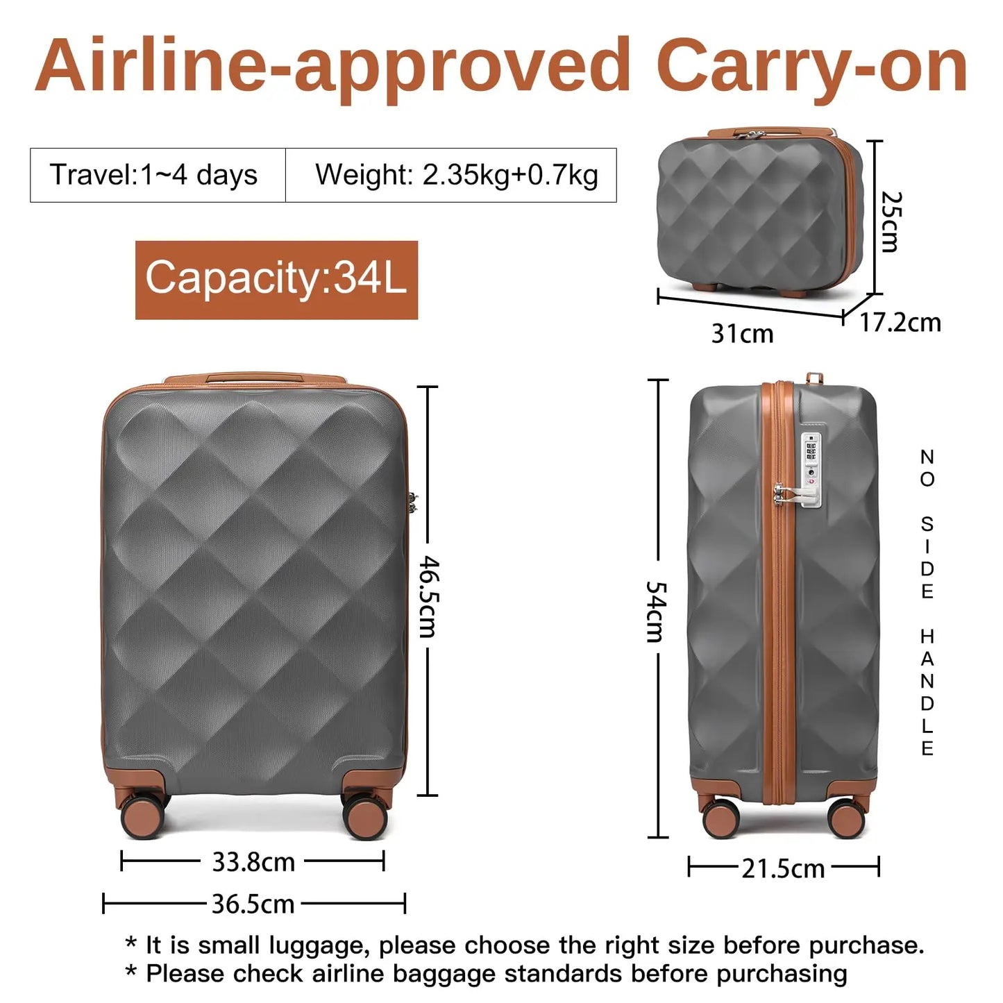British Traveler 2 Piece Luggage Set | Cabin Case with TSA Lock & Toilet bag | 4 Double Rollers | 31 + 54 cm