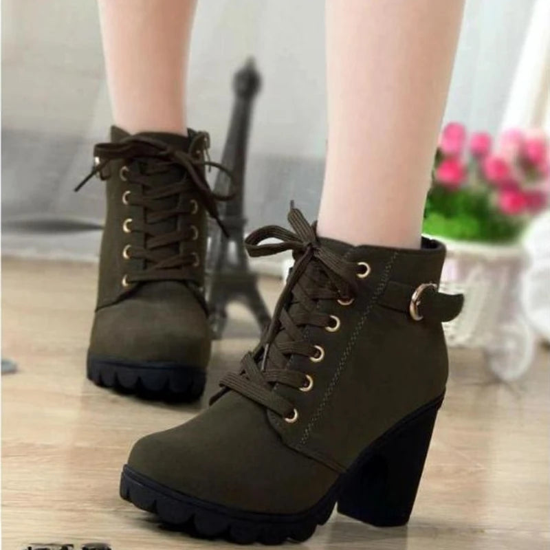 Boots Women Shoes Women Fashion High Heel Lace Up Ankle Boots Ladies Buckle Platform Artificial Leather Shoes Bota Feminina 2024