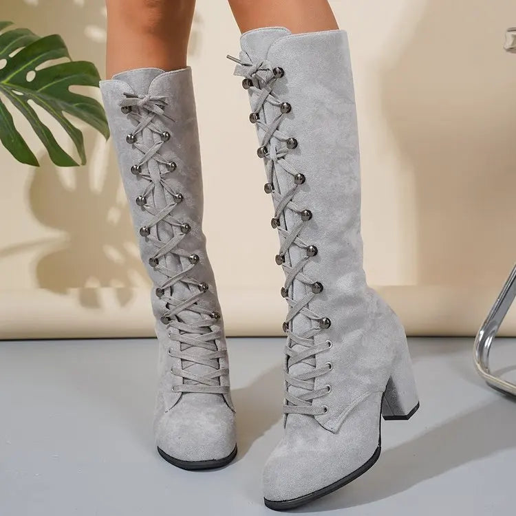Winter Women Boots Shoes Fashion Vintage Lace-up Boots Women Round Cowboy High Heels Booties Shoes Woman Botas Mujer