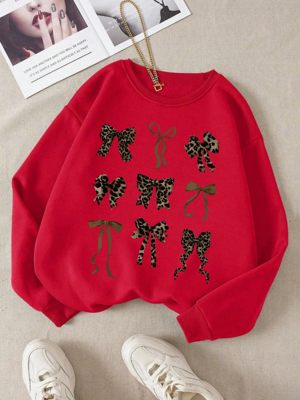 Retro Leopard Print Bow Printed Women Hoodies All-Match Comics Hoody Fleece Casual Clothes Street Hip Hop Pullover Woman
