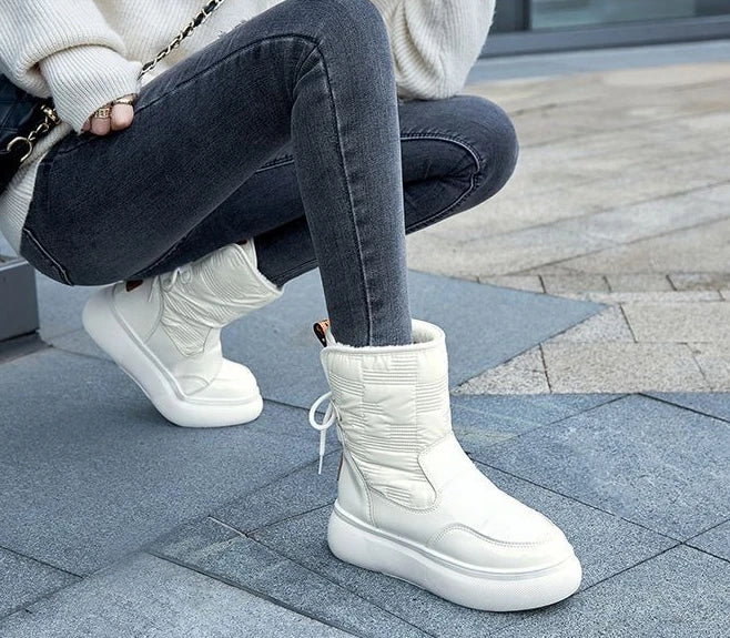 White Half High Waterproof Women's Snow Boots Lace-up Goth Plush Warm Quality on Offer Y2k Padded Large Size Hot Ladies Shoes