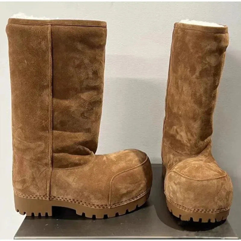 New Fashionable Snow Boots Platform Elevating Warm Cotton Shoes Warm Big Head Design Long Boots Ladies All-over Brown Long Boots