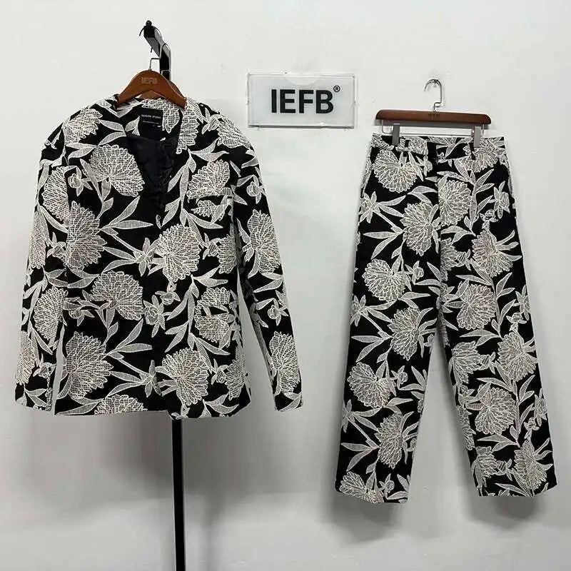 IEFB Niche Design Men's Two-piece Collarless Embroidery Blazer Loose Straight Suit Pants Contrast Color Male Sets New 9C7485
