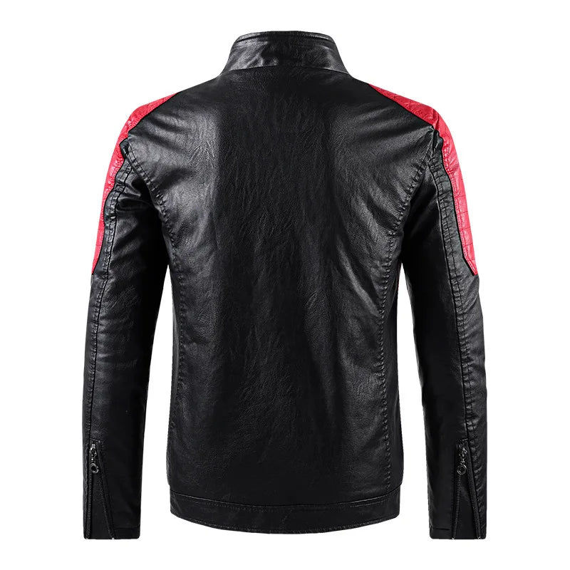 White and Red Patchwork Men's PU Jacket, Stylish Vintage Biker Faux Leather Coat, Available in Black or Brown.