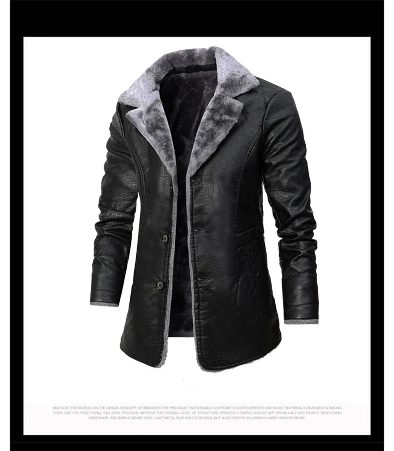 Men's Medium and Long PU Leather Jacket, Business Velvet Lapel Blazer, Single-Breasted Vintage Design Jacket