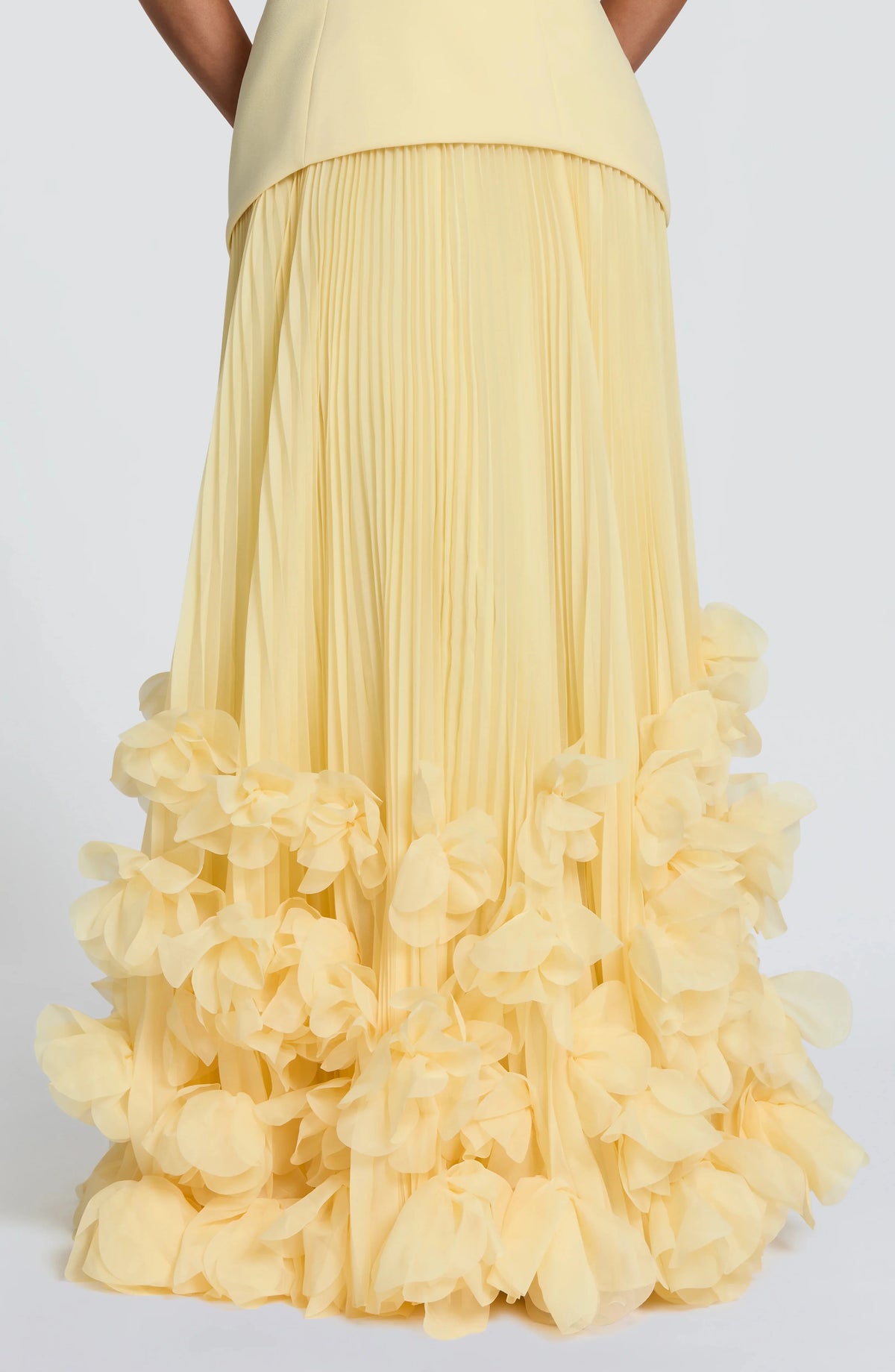 Sexy Lemon Strapless Corset Maxi Gown Sleeveless Corset Pleated Chiffon 3d Floral Hem Flowy Skirt Formal Evening Party Wear