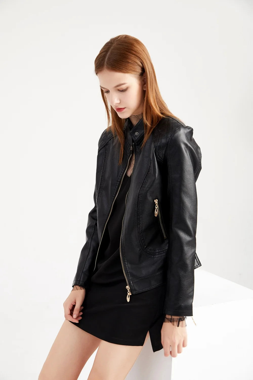 Women's Elegant Stand-up Collar Solid Jacket 2022 Female Three-dimensional Pattern Coat S-4XL New Pu Faux Leather Jacket Women